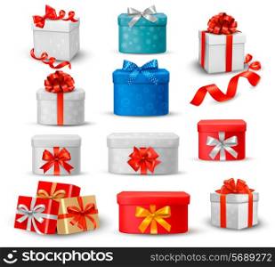 Set of colorful gift boxes with bows and ribbons.