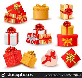 Set of colorful gift boxes with bows and ribbons. Vector