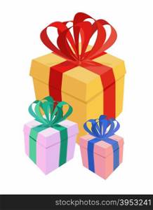Set of colorful gift boxes with bows and ribbons. Vector illustration.
