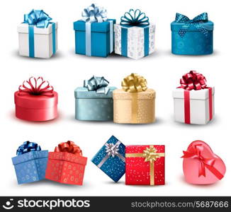 Set of colorful gift boxes with bows and ribbons. Vector illustration