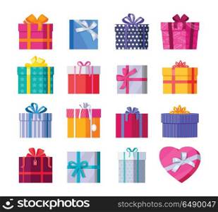 Set of Colorful Gift Boxes with Ribbons and Bows. Set of colorful gift boxes with fashionable ribbons and bows isolated. Present box. Decorative stylish wrap for presents package. Modern packing product. Gifts collection web icon sign symbol. Vector