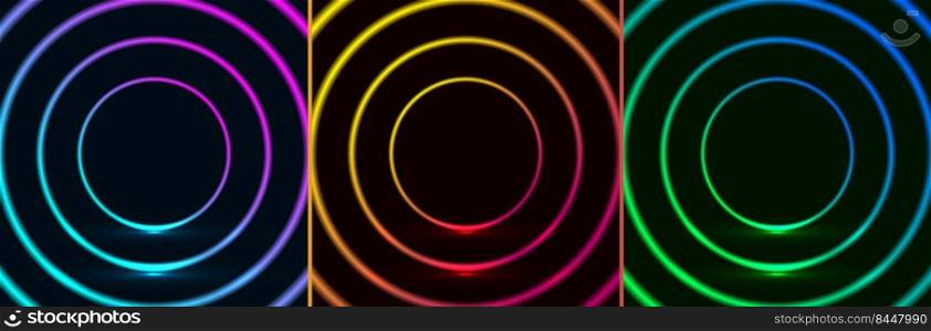Set of colorful glowing neon lighting circles frame design pattern retro style on dark background. Vector illustration