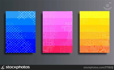 Set of colorful gradient backgrounds with halftone pattern design for flyer, poster, brochure cover, typography or other printing products. Vector illustration.. Set of colorful gradient backgrounds with halftone pattern design for flyer, poster, brochure cover, typography or other printing products
