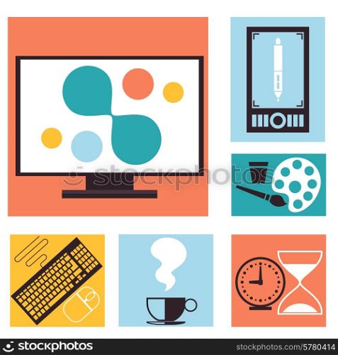 Set of colorful graphic, web design icons. Computer monitor with the screen of the program for design and architecture in flat design. Designer work