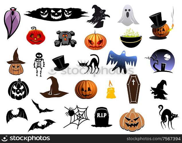 Set of colorful Halloween icons with lanterns, bats, ghosts, cat, witch, spiders, coffin and tombstones. Set of vector Halloween icons