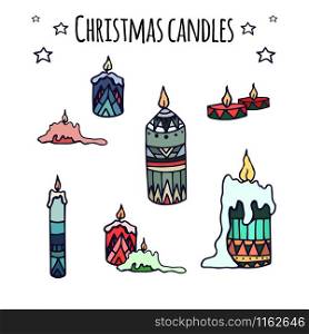 Set of colorful hand-drawn doodle Christmas candles for your creativity. Set of colorful hand-drawn doodle Christmas candles for your cre