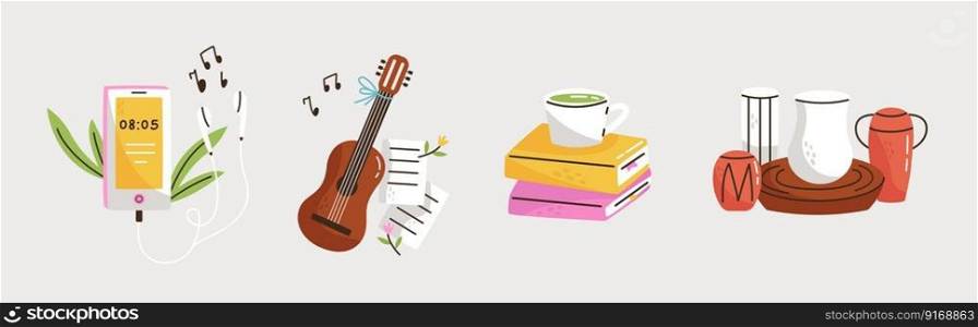 Set of colorful hobbies illustration. Modern stickers with phone with music, potters wheel, ceramics, books, guitar. Cartoon flat vector collection.
