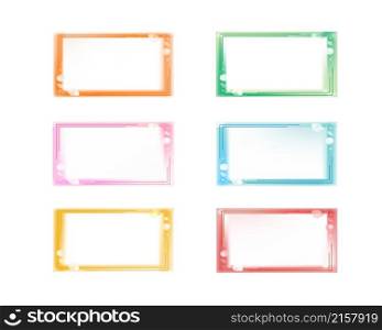 Set of colorful horizontal fantasy glowing blurred frame templates, copyspace, bubbles or flares, glass effect on edges. Cute elegant pastel editable design elements isolated on white for prints, web. Set of colorful fancy glowing blurred frame templates with copyspace, bubbles or flares, glass effect