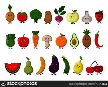 Set of colorful images of cute kawaii vegetables and fruits. Isolated elements on white background, flat style objects for design. Funny food, characters for children, vector illustration. Kawaii Food Collection