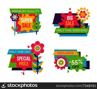 Set of colorful labels springtime flowers, advertisement stickers info about discounts, abstract spring plants on shopping emblems vector illustrations. Set of Colorful Labels Springtime Flowers, Adverts