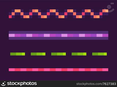 Set of colorful lines on purple, neon dotted and wavy-line, shooting element of space pixel game, shiny laser collection, squared light or burst vector, pixelated cosmic object for mobile app games. Neon Lines Set, Space Pixel Game, Shoot Vector