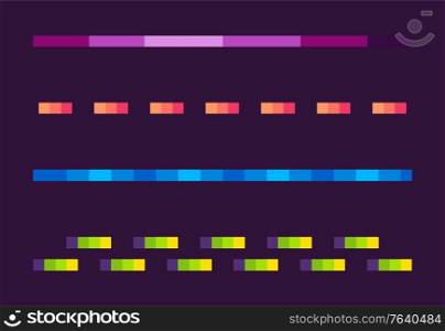 Set of colorful lines on purple, neon dotted and wavy-line, shooting element of space pixel game, shiny laser collection, squared light or burst vector, pixelated cosmic object for mobile app games. Neon Lines Set, Space Pixel Game, Shoot Vector