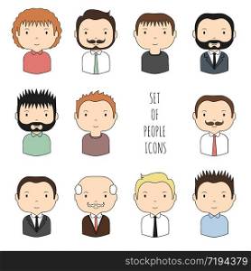 Set of colorful male faces icons. Funny cartoon hand drawn faces sketch for your design. Collection of man avatar. Businessman. Trendy doodle style. Vector illustration.. Set of colorful male faces icons. Funny cartoon hand drawn faces sketch for your design. Collection of cute man avatar. Businessman. Trendy doodle style. Vector illustration.