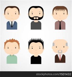 Set of colorful male faces icons. Trendy flat style. Funny cartoon characters. Vector illustration.