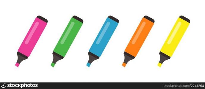 Set of colorful markers. Multicolored highlighters isolated on white background. School tools. Vector stock