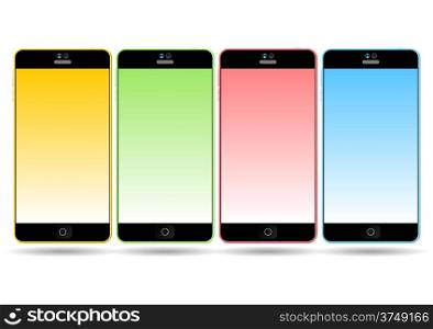 Set of colorful mobile smart phones. Yellow, green, red and blue