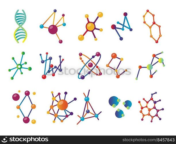 Set of colorful molecules of different shapes. Cartoon vector illustration. Molecular models, constructions, connections and atomic, cell structures. Biotechnology, genetic, science, chemistry concept