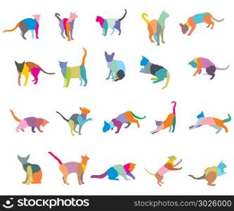Set of colorful mosaic different breeds cats silhouettes (sitting, standing, lying, playing) isolated on white background. Vector illustration.