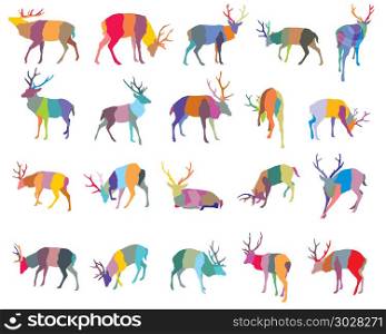 Set of colorful mosaic vector standing and lying Red deer silhouettes (male) isolated on white background. Vector set of colorful mosaic deer silhouettes-2