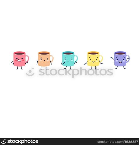 Set of colorful mugs or cups with different emotions. Funny face character on cups with a drink.. Set of colorful mugs or cups with different emotions.
