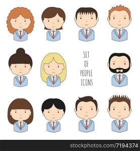 Set of colorful office people icons. Businessman. Businesswoman. Funny cartoon hand drawn faces sketch for your design. Collection of avatar. Trendy doodle style. Vector illustration.. Set of colorful office people icons. Businessman. Businesswoman. Funny cartoon hand drawn faces sketch for your design. Collection of cute avatar. Trendy doodle style. Vector illustration.