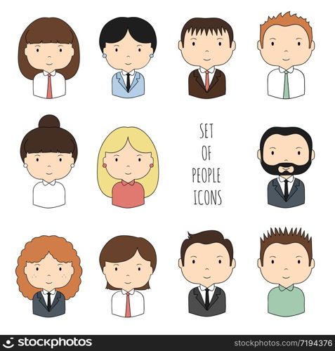 Set of colorful office people icons. Businessman. Businesswoman. Cartoon hand drawn faces sketch for your design. Collection of cute avatar. Trendy doodle style. Vector illustration.. Set of colorful office people icons. Businessman. Businesswoman. Funny cartoon hand drawn faces sketch for your design. Collection of cute avatar. Trendy doodle style. Vector illustration.