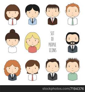 Set of colorful office people icons. Businessman. Businesswoman. Cartoon hand drawn faces sketch for your design. Collection of cute avatar. Trendy doodle style. Vector illustration.. Set of colorful office people icons. Businessman. Businesswoman. Funny cartoon hand drawn faces sketch for your design. Collection of cute avatar. Trendy doodle style. Vector illustration.