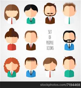 Set of colorful office people icons. Businessman. Businesswoman. Man. Woman. Trendy flat style. Funny cartoon faces characters for your design. Collection of avatar. Vector illustration.. Set of colorful office people icons. Businessman. Businesswoman. Man. Woman. Trendy flat style. Funny cartoon faces characters for your design. Collection of cute avatar. Vector illustration.