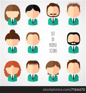 Set of colorful office people icons. Businessman. Businesswoman. Man. Woman. Trendy flat style. Funny cartoon faces characters for your design. Collection of avatar. Vector illustration.. Set of colorful office people icons. Businessman. Businesswoman. Man. Woman. Trendy flat style. Funny cartoon faces characters for your design. Collection of cute avatar. Vector illustration.