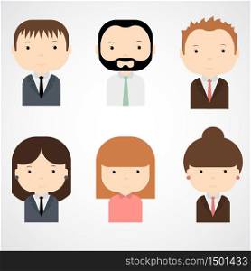 Set of colorful office people icons. Businessman. Businesswoman. Trendy flat style. Funny cartoon characters. Vector illustration.