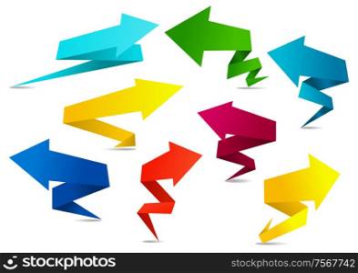 Set of colorful origami squiggly arrows with zigzag tails in the colors of the spectrum or rainbow, vector illustration isolated on white