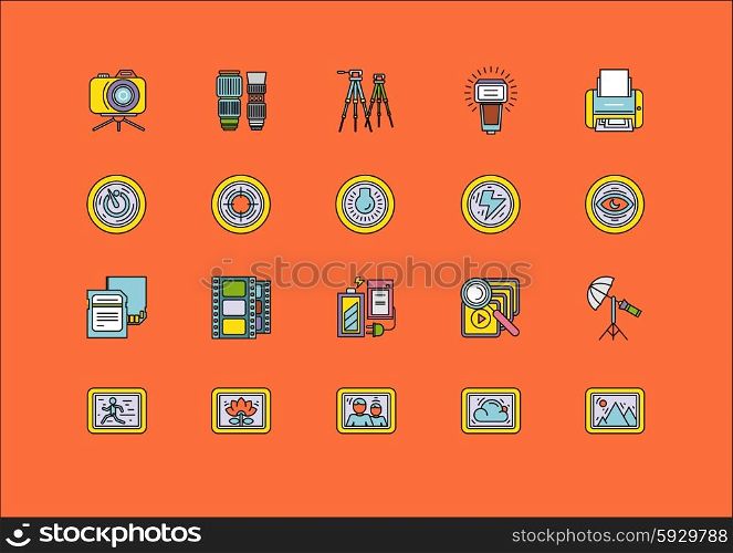 Set of colorful photographic equipment thin, lines, outline, strokes icons. Elements of photo processing. Digital camera with pictures and modes, photo items. For web and mobile applications