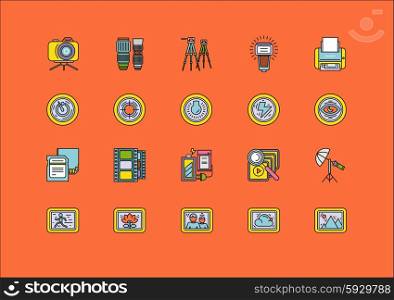 Set of colorful photographic equipment thin, lines, outline, strokes icons. Elements of photo processing. Digital camera with pictures and modes, photo items. For web and mobile applications