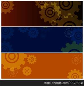 Set of colorful posters with gear icons isolated. Mechanical element made of stainless steel vector illustration in flat style with place for your text. Set of Colorful Posters with Gear Icons Isolated.