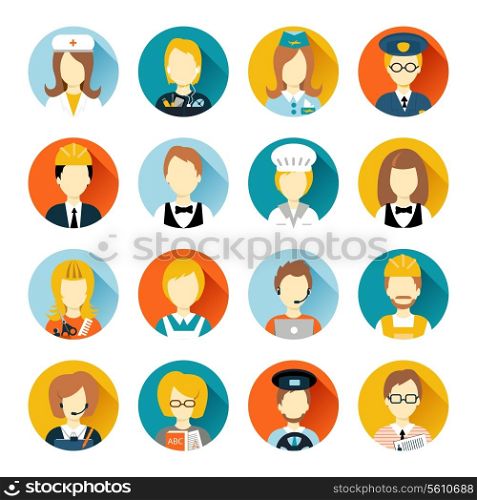 Set of colorful profession people flat style icons in circles with long shadows vector illustration