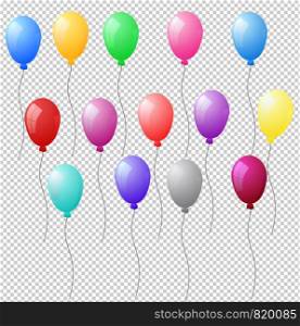 Set of colorful realistic helium balloons on transparent background. Vector illustration eps 10