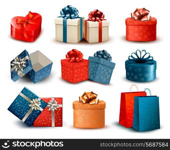 Set of colorful retro gift boxes with bows and ribbons. Vector illustration