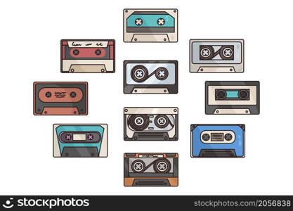 Set of colorful retro music cassettes. Collection of various plastic old-fashioned music tapes. Old technology and sound. 90s audiocassette for stereo analogue player. Flat vector illustration. . Collection of retro 90s audio cassettes