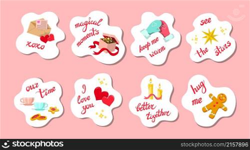 Set of colorful Saint Valentine?s Day stickers for lovers, in white clouds, special romantic hand lettering phrases, messages, symbols - hearts, candles, sweets, mittens, card, stars, gift present box