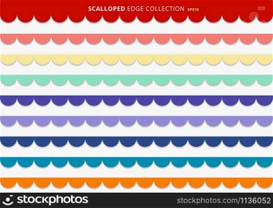 Set of colorful scallops stripes seamless repeat pattern geometric design on white background. Vector illustration
