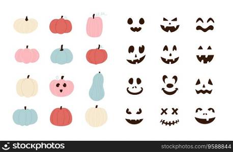 Set of colorful scary and smiling pumpkins and face characters icons. You can choose any pumpkin and face to create your own design.. Set of colorful pumpkins and face character icons