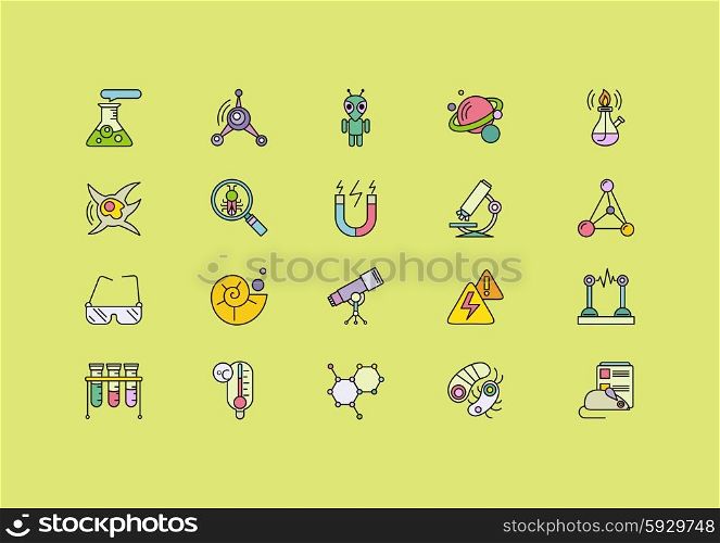 Set of colorful science thin, lines, outline, strokes icons. Symbols of different sciences tube, spiritlamp, bulb, magnet, microscope, telescope on green background. For web and mobile applications