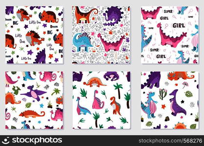 Set of colorful seamless patterns with cute cartoon dinosaurs on a white background. Line drawing by hand, vector. Illustration for textile, print, kids clothes.. Cute cartoon dino