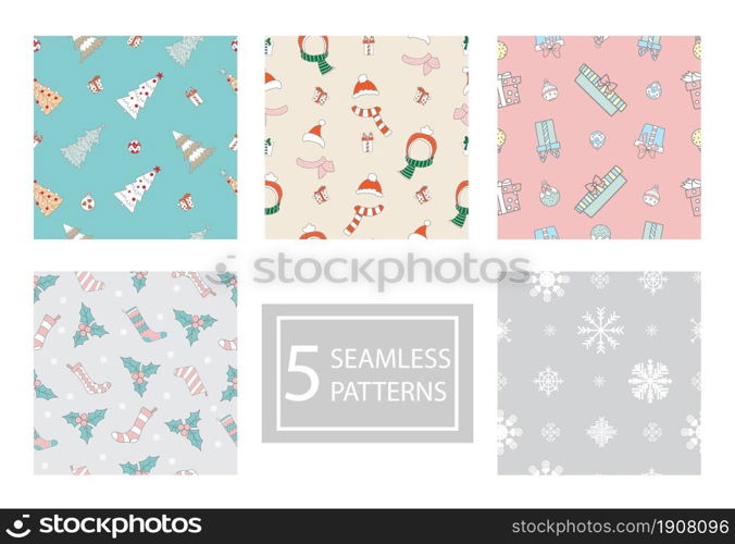 Set of colorful seamless patterns with different Christmas elements. Vector illustration. Winter Christmas concept. For design, print, decor, wallpaper, linen, dishes, textile. Seamless patterns set with different Christmas elements