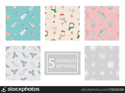 Set of colorful seamless patterns with different Christmas elements. Vector illustration. Winter Christmas concept. For design, print, decor, wallpaper, linen, dishes, textile. Seamless patterns set with different Christmas elements