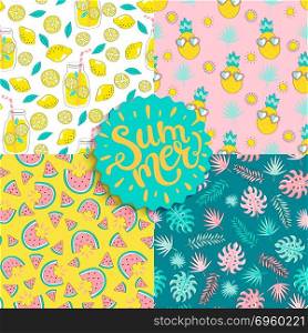 Set of Colorful seamless summer patterns.. Set of Colorful seamless summer patterns with hand drawn elements such as sunglasses, watermelon, tropical leaves, pineapples, lemonade, mint. For fashion print design, textile, vector illustration.