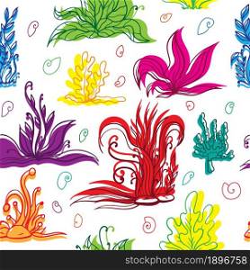 Set of colorful seaweeds and marine plants. Seamless pattern of algae, leaves, coral. Vintage style drawn marine flora. White background vector illustration. Design for summer beach, decorations.