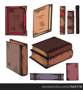 Set of colorful sketches of various old books with shading. Front and side view. Notebooks. Library and bookshelves. Engraving vector element for cards, labels and your design.. Set of colorful sketches of various old books with shading. Front and side view. Notebooks. Library and bookshelves. Engraving vector element