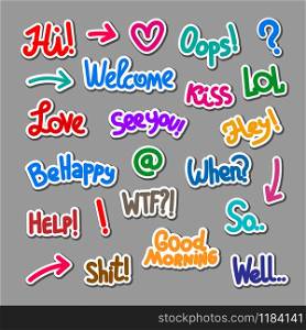 set of colorful speech stickers with short message, phrases and text for chat. colorful speech stickers