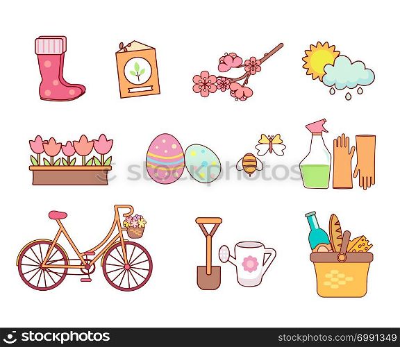 Set of colorful spring icons. Seasonal symbols in flat style. Garden, Flowers and other design elements, isolated on white background. Nature clip art.Vector illustration. Set of 11 flat colorful spring icons